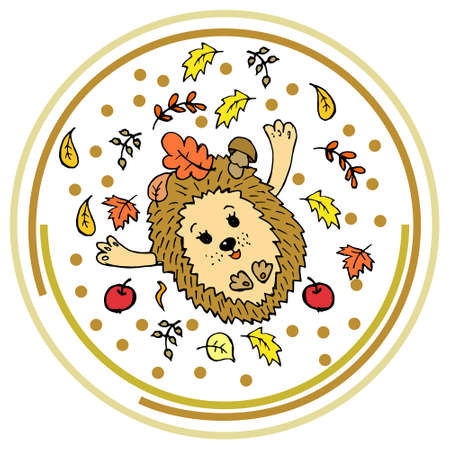 doodle illustration, hand drawn cheerful hedgehog with hands raised up, apples and bright autumn leaves, poster, bannerのイラスト素材