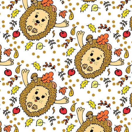 illustration, autumn seamless pattern, hand drawn funny hedgehogs, autumn leaves, acorns and mushrooms, for linen, textiles, wallpaperのイラスト素材