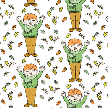 illustration, autumn seamless pattern, hand drawn funny boys in scarves and bright autumn leaves, for linen, textiles, wallpaperの写真素材