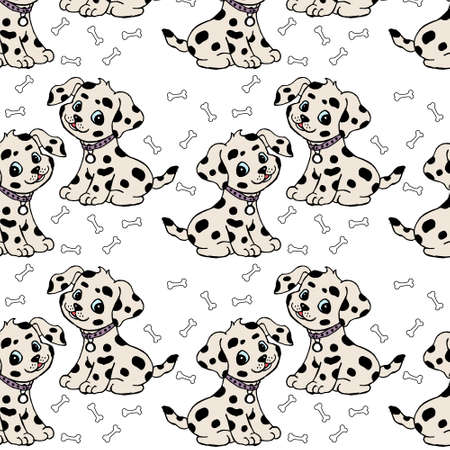 doodle illustrations, seamless pattern for children, drawn funny multicolored puppies dogs on a white background, for textiles, wallpaper, paperのイラスト素材