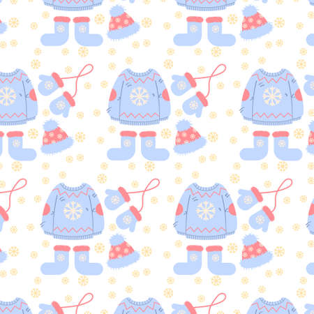 illustration, winter seamless pattern, drawn sweater, hat, mittens and boots in pastel shades on a background with snowflakes, for textiles, paper, wallpaperのイラスト素材