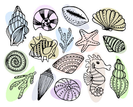 illustration on the marine theme, a set of hand-drawn seashells, starfish, seahorses on a white background, for textiles, paperのイラスト素材