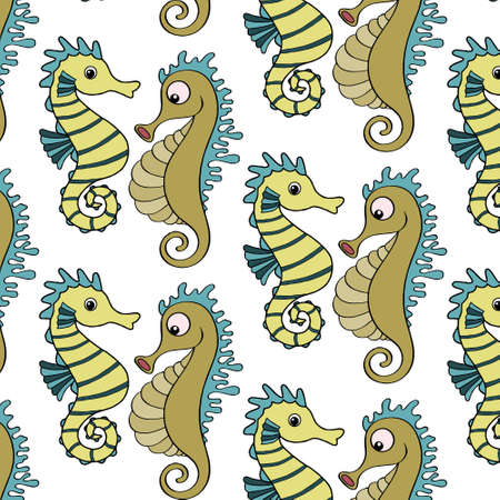 illustration, seamless pattern on the marine theme, hand-drawn contour multicolored seahorses on a white background, for textiles, paperのイラスト素材