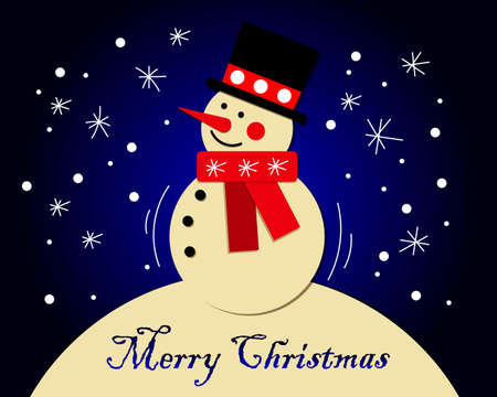 Christmas illustration, 3d, bright cheerful snowman in hat and red scarf on blue gradient background with snowflakes, lettering Merry Christmas greeting card, banner, posterのイラスト素材