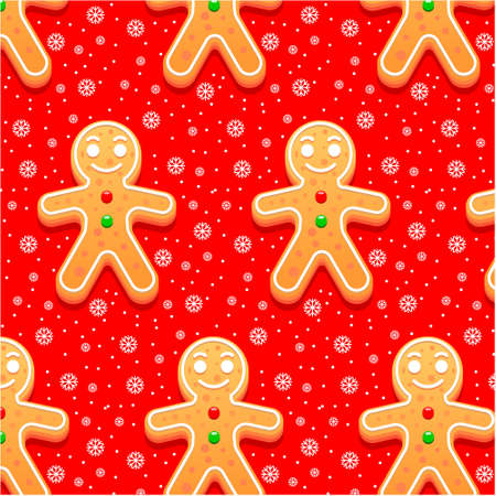 Christmas seamless pattern, multicolored volumetric gingerbread men and snowflakes on a red...