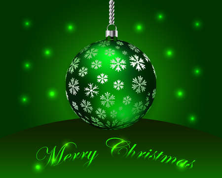 Christmas illustration, 3d, bright green ball in snowflakes on a gradient background and lettering Merry Christmas, postcard, posterのイラスト素材