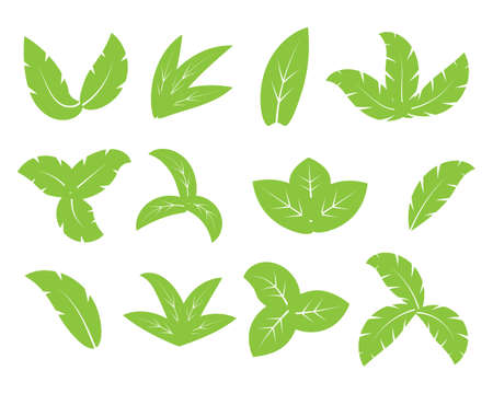 ecological illustration, stickers, set of icons from green leaves on a white background, design for...