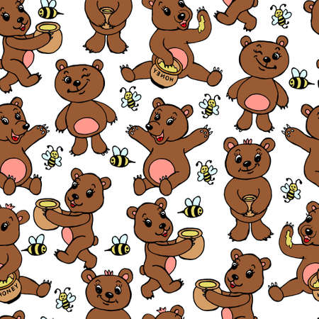 illustration, seamless pattern, funny teddy bears in different poses with honey and bees on a white background, design for wallpaper, textilesのイラスト素材