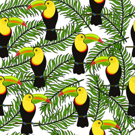 illustration, seamless pattern, bright multicolored parrots in tropical leaves on a white background, design for wallpaper, textilesのイラスト素材