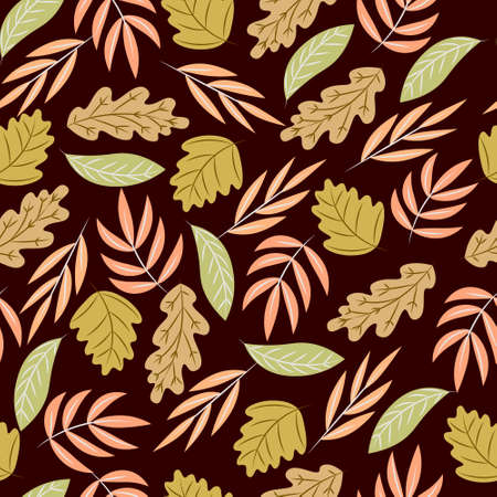 seamless pattern, drawn scenic autumn leaves on a brown background, wallpaper, textileのイラスト素材