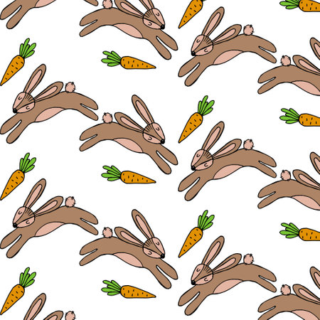 seamless pattern, hand-drawn contour stylized baby hares and carrots, for textile, wallpaper, paperのイラスト素材