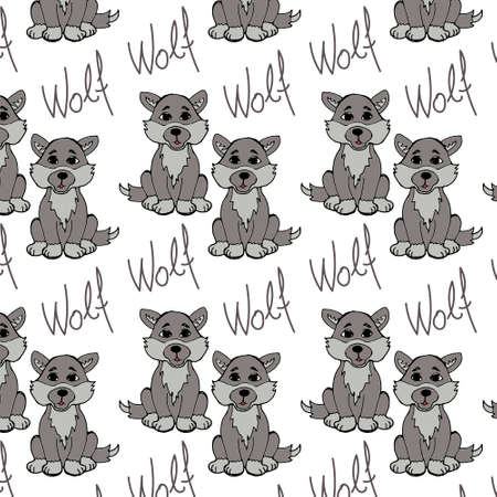 seamless pattern, hand-drawn funny gray wolves, for textile, wallpaper, paper