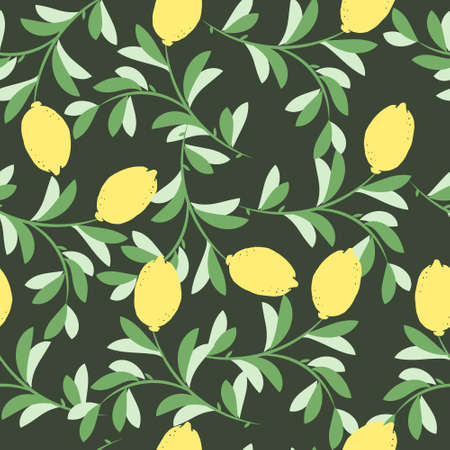 seamless pattern, print, lemons with leaves on a dark background, textiles, wallpaperのイラスト素材
