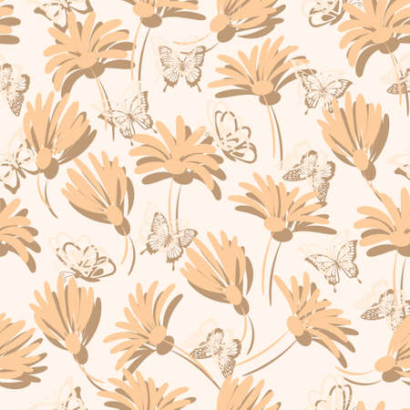 seamless pattern, 3d print, flowers and butterflies of pastel shades on a white background, textiles, wallpapersのイラスト素材