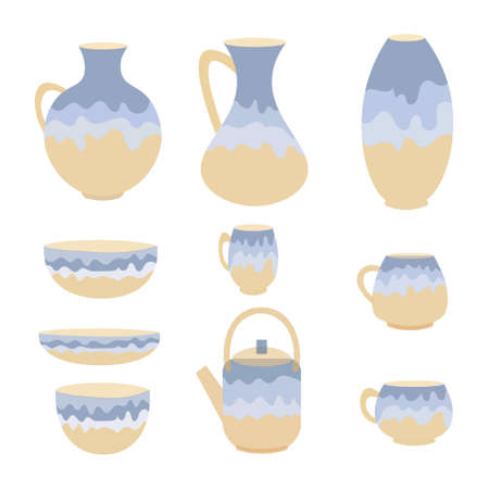 illustration, a set of drawn tableware in pastel shades on a white background, textiles, paperのイラスト素材