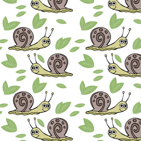 seamless pattern, hand-drawn funny snails in gentle tones, print for children, textiles, wallpaperのイラスト素材