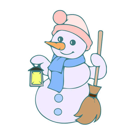 Christmas illustration, funny drawn snowman in a hat and scarf, pastel colors, card for children, poster, for textiles and packagingのイラスト素材