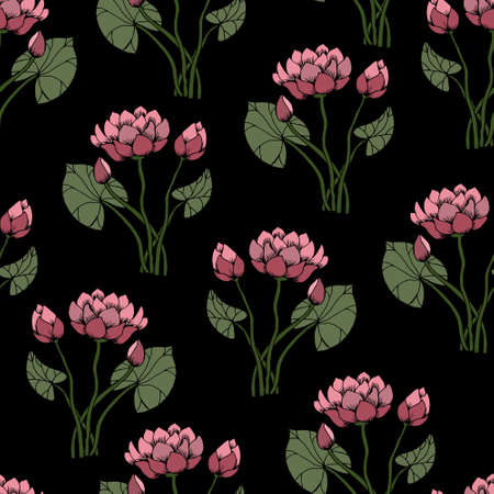 seamless pattern, hand drawn water lily flower bouquets on dark background, textile, wallpaperのイラスト素材