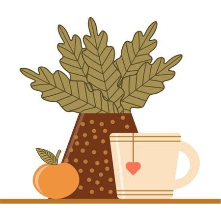 Illustration on the theme of tea break, drawn cup with tea, vase with leaves and fruit, graphic design for postcards, cafeのイラスト素材