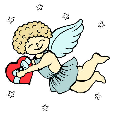 Christmas illustration, hand drawn cute praying angel with heart, card for family, childrenのイラスト素材
