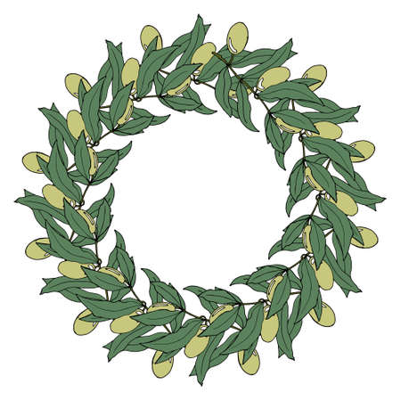 illustration, wreath of hand drawn olive branches with green olives, card, posterのイラスト素材