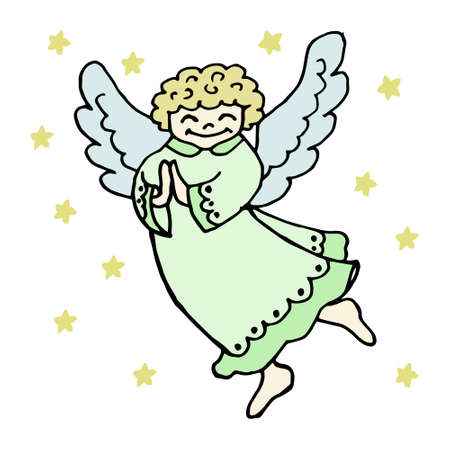 Christmas illustration, hand drawn cute praying angel and stars, card for family, childrenのイラスト素材