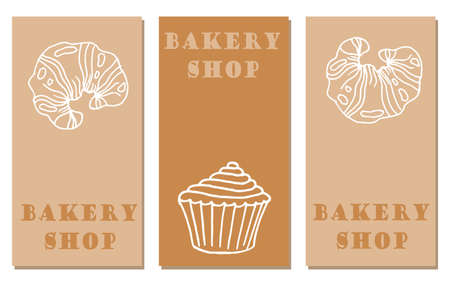 bakery poster set - contour cupcake, croissant and lettering in beige shades, minimalism design for food industryのイラスト素材