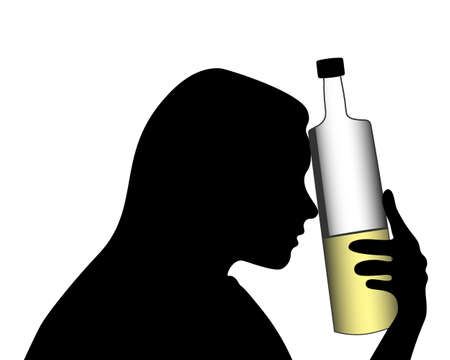 female alcoholism, illustration of a woman with a bottle of alcohol, poster for textのイラスト素材