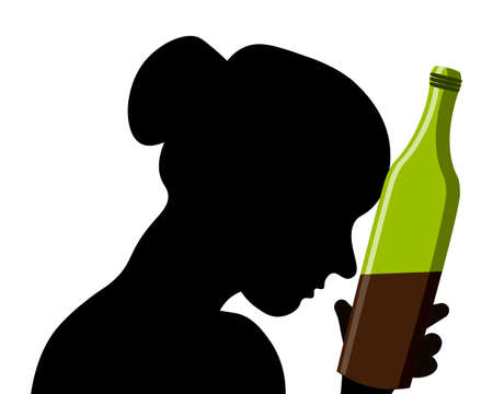female alcoholism, illustration of a woman with a bottle of alcohol, poster for textのイラスト素材