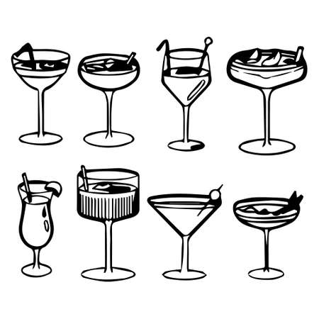 illustration, line art set of glasses with cocktails, alcohol, icons for designのイラスト素材
