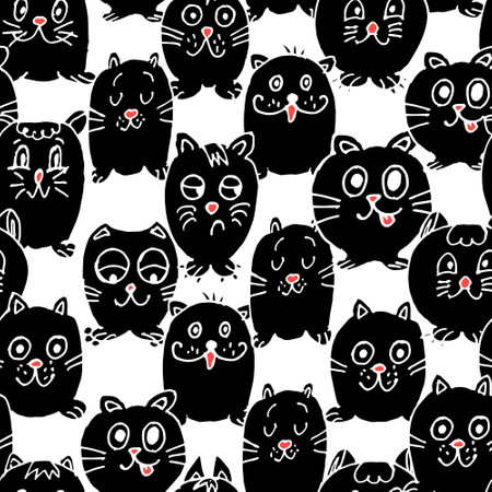 seamless pattern, hand-drawn cute black cats with different emotions, white outline, textiles for childrenのイラスト素材