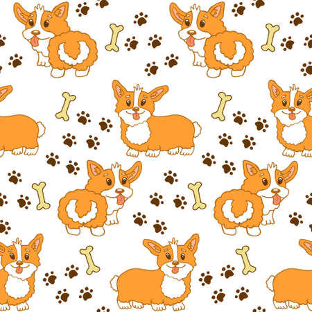 seamless pattern, hand-drawn cute ginger dogs, footprints and bones, for paper and textileのイラスト素材