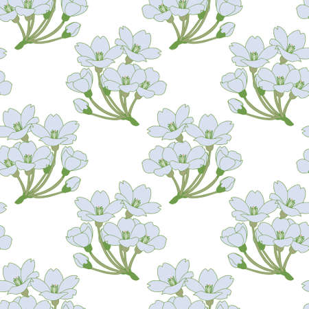 Seamless pattern, delicate drawn branches of blossoming cherry on a white background, textiles, wallpaperのイラスト素材