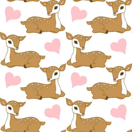 seamless pattern, cute drawn deer and hearts on a white background, textiles, wallpaperのイラスト素材