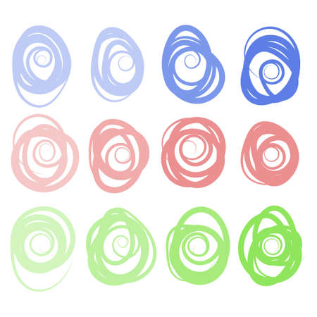 set of drawn abstract round spiral shapes, delicate pastel colors, textiles, paper, wallpaper, decor for a kid's bedroomのイラスト素材