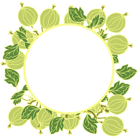 Illustration, frame for text surrounded by drawn gooseberry branches with leaves, postcard, holiday invitation, decorのイラスト素材