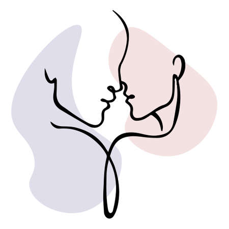 Illustration, line art of silhouettes of men and women and abstract shapes. Wall art. Minimal design.のイラスト素材