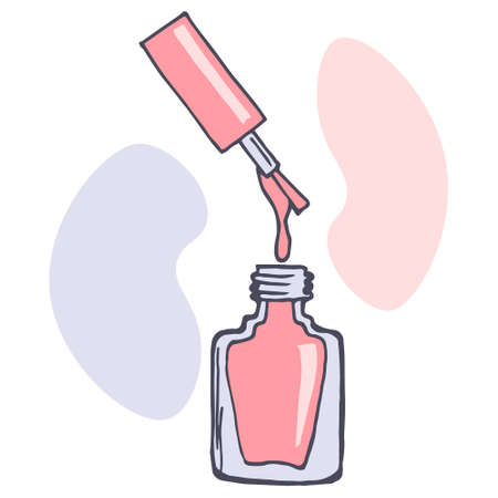 Illustration drawn bottle with varnish. Manicure subject and abstract stains. Doodle for the beauty industry.のイラスト素材