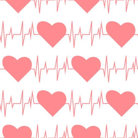 Seamless pattern, pink hearts and cardiogram. Design for Valentine's Day, wedding day. Textiles, wallpaper.のイラスト素材