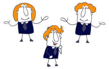 Illustration, set of drawn cartoon cheerful men in suits with tie. Stickers for advertising. Doodles.のイラスト素材