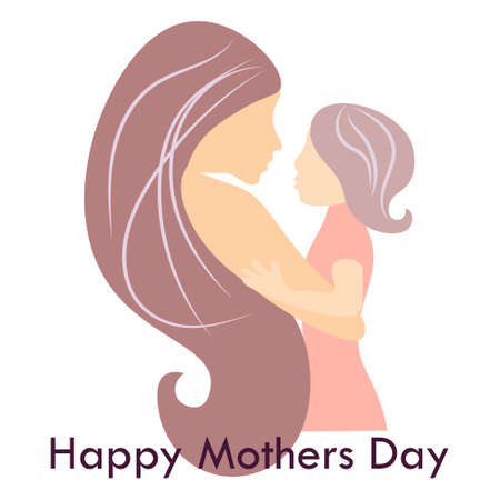 Illustration, a beautiful loving mother with her daughter in her arms. Mother's Day poster. Postcard design with lettering.のイラスト素材