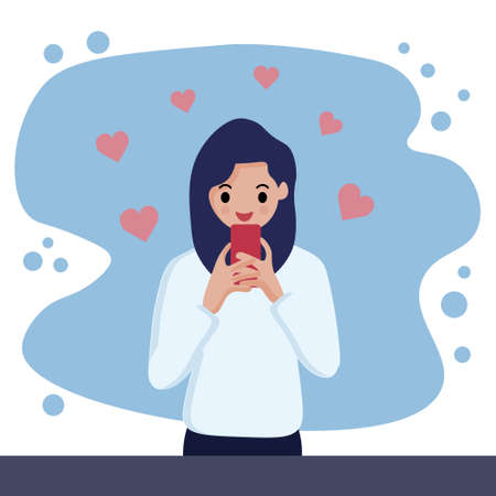 Flat illustration, young joyful girl with smartphone in social networks. Poster, graphic design for business.のイラスト素材