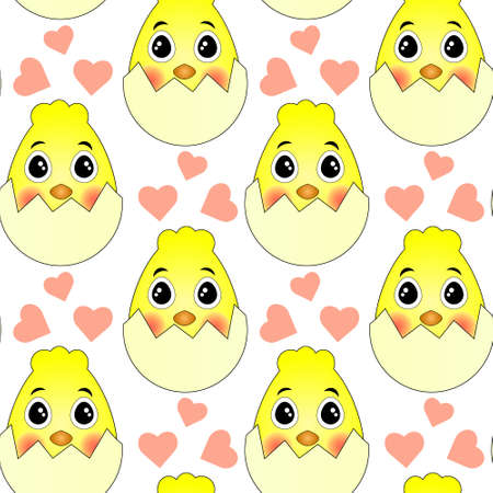 Seamless pattern, cute chickens in eggshells and hearts on a white background. Festive design. Textiles, paper, print.のイラスト素材
