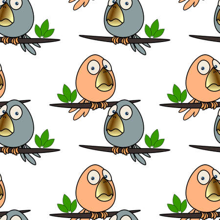 Seamless pattern, cute funny birds on the branches on a white background. Festive design. Textiles, paper, print.のイラスト素材