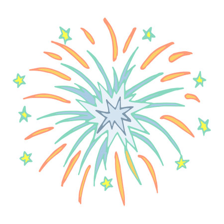 Illustration of hand-drawn multicolored fireworks on a white background. Festive design. Textiles, paper, print.のイラスト素材
