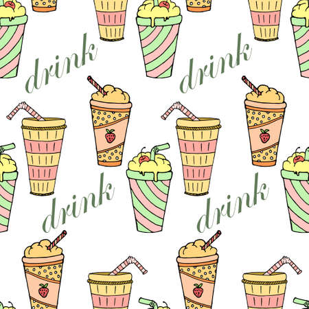 Seamless pattern, hand-drawn assorted cocktails with straws, milk with fruits and coffee. Design for the food industry. Textiles, paper.のイラスト素材
