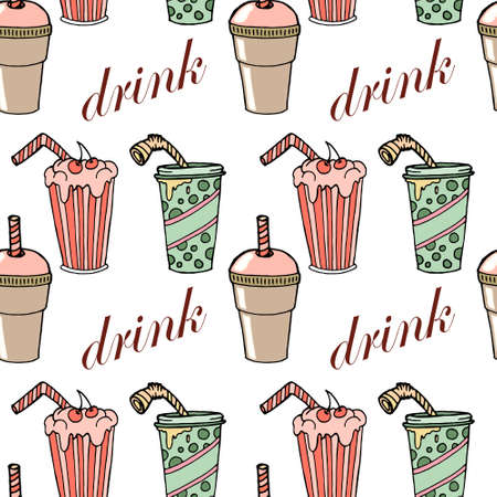 Seamless pattern, hand-drawn assorted cocktails with straws, milk with fruits and coffee. Design for the food industry. Textiles, paper.のイラスト素材