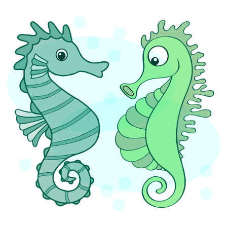 Illustration of drawn seahorses in pastel colors. Doodles, decor for children's textiles, paper.のイラスト素材