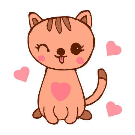 Hand-drawn illustration of a cute kitten with a heart. Design for birthday and St. Valentines day greeting cards, textiles, wallpaperのイラスト素材