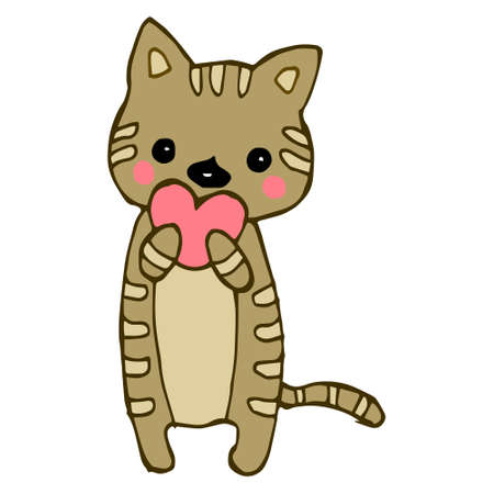 Hand-drawn illustration of a cute kitten hugging a heart. Design for birthday and St. Valentines day greeting cards, textiles, wallpaperのイラスト素材